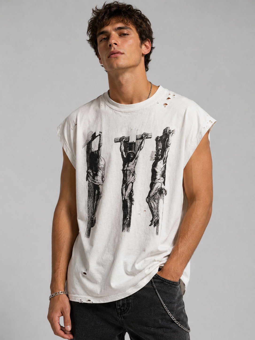 Men Women Vintage Washed Spray Dirty Manually Grind Oversized T Shirt High Quality Cotton Damaged SAINT Sleeveless T-Shirt Top