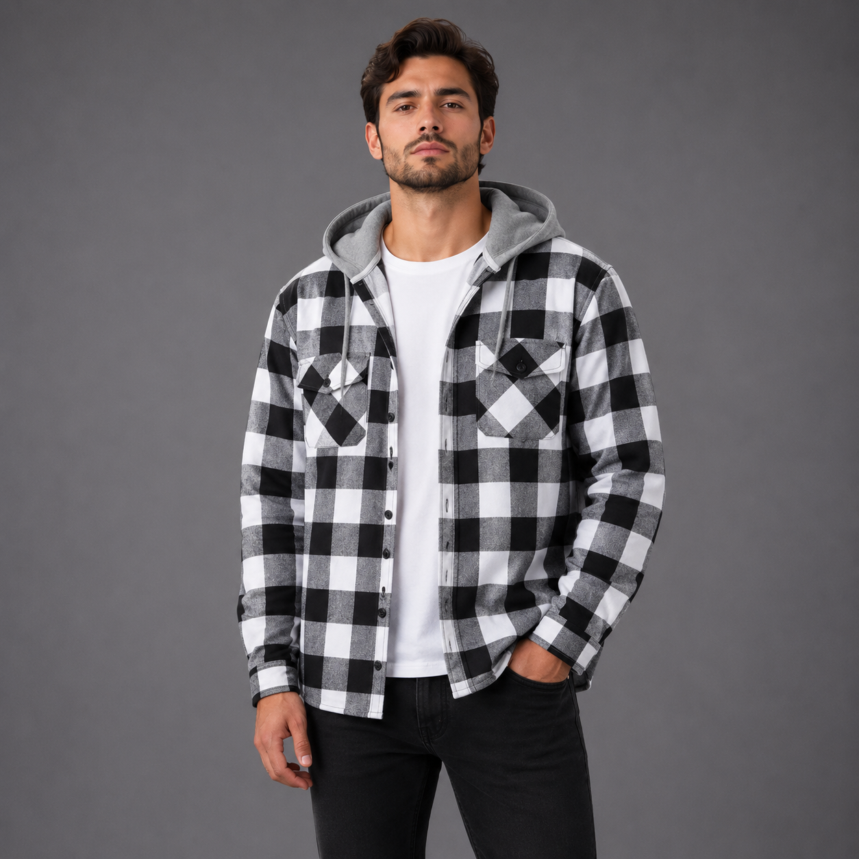 Jacket Hooded Plaid Style