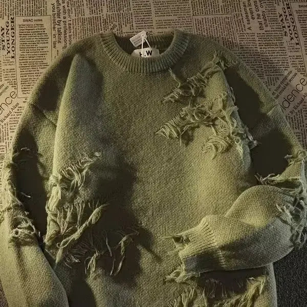 Olive Grunge Ripped Sweater