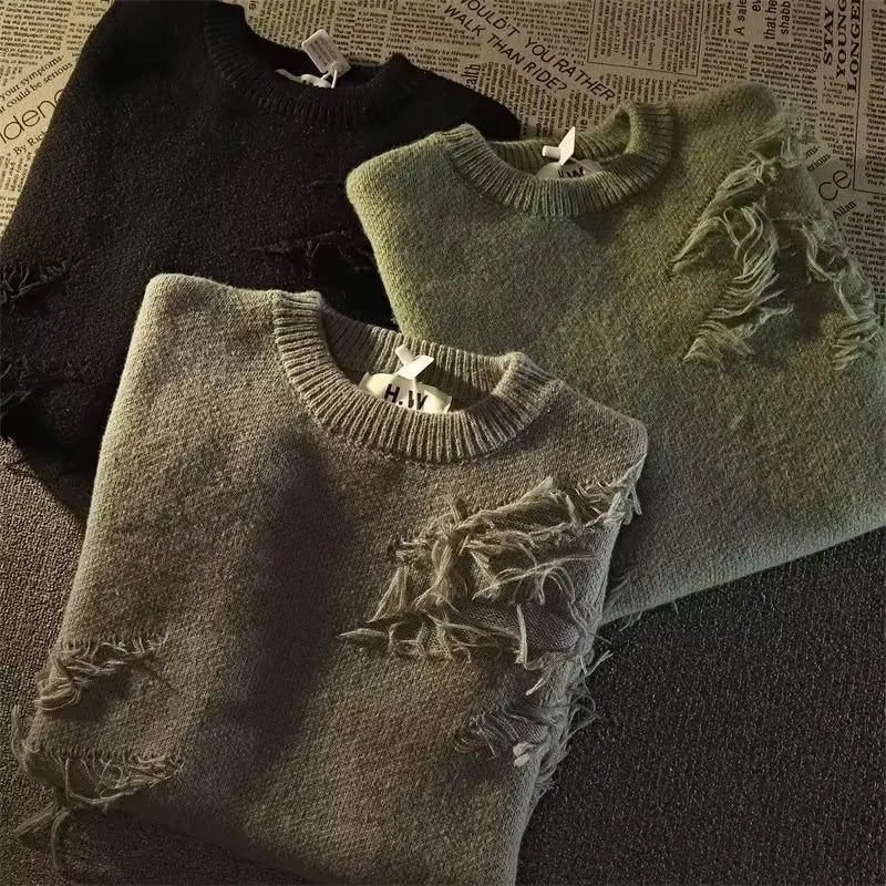 Olive Grunge Ripped Sweater