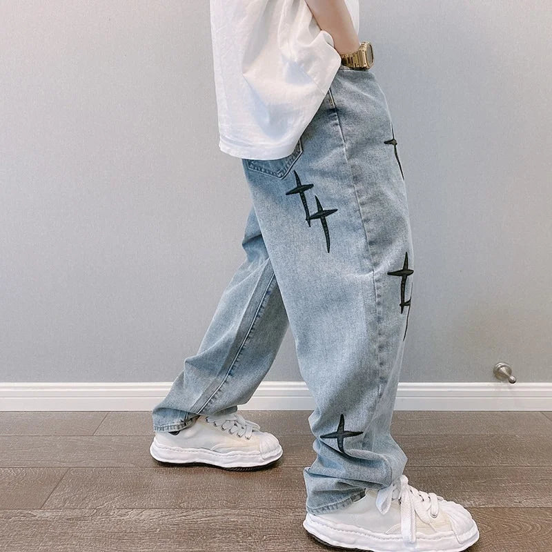 Vintage Cross Print Loose Fit Jeans