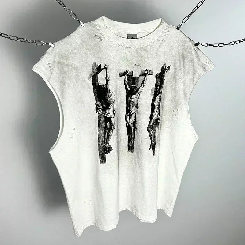 Hip Hop Vintage Washed Black Damaged Hole SAINT HOLY LOVE PRAY Sleeveless T Shirt Top Men Women High Quality Oversized T-Shirt
