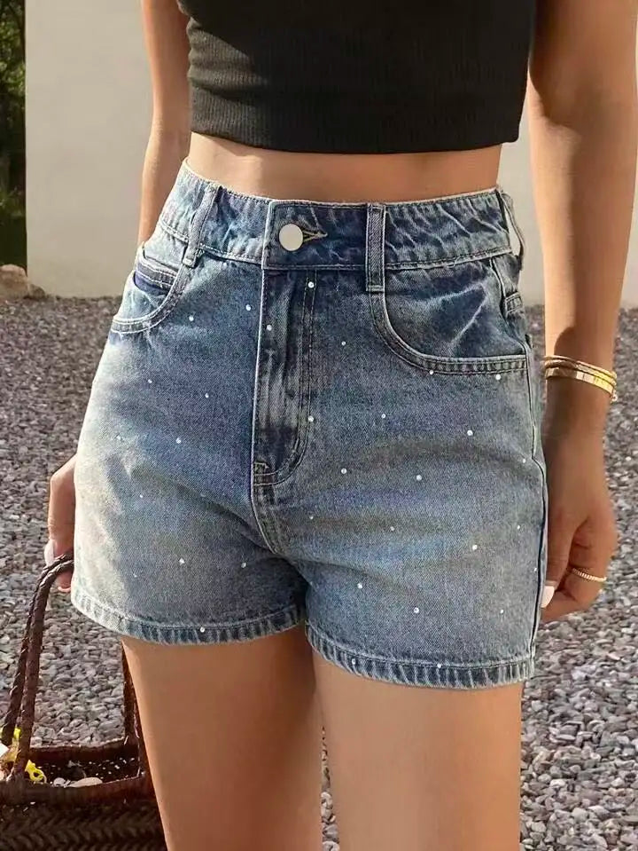 Retro High-Waisted Rhinestone-Detailed Denim Shorts