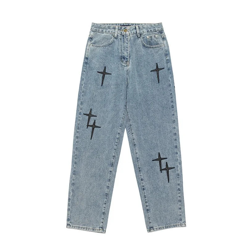 Vintage Cross Print Loose Fit Jeans
