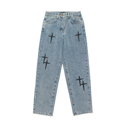 Vintage Cross Print Loose Fit Jeans