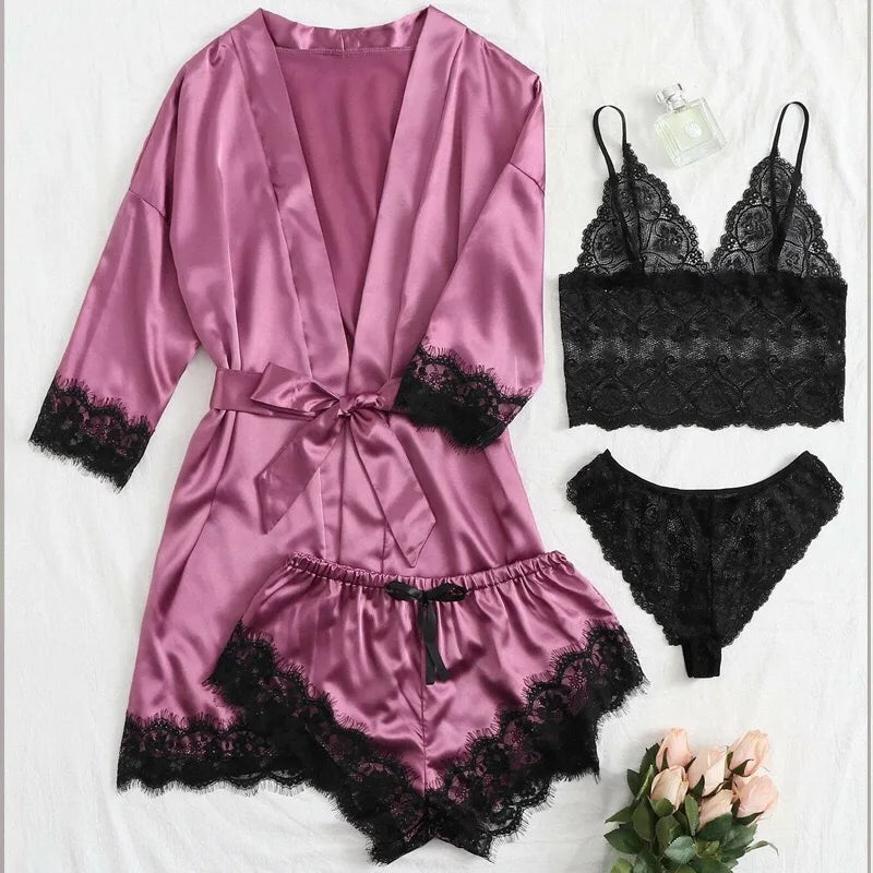 Blush Elegance Satin Lace Pajama Set