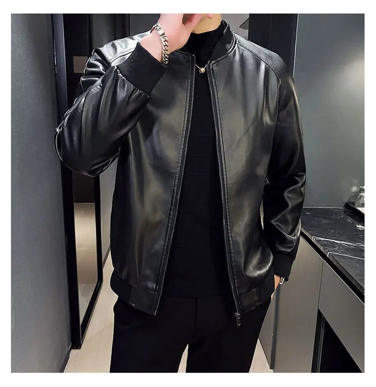 Faux Leather Cardigan Outerwear Men  PU Leather Zipper Jacket Stand Collar Coats Long Sleeve Loose Fit Solid High Street