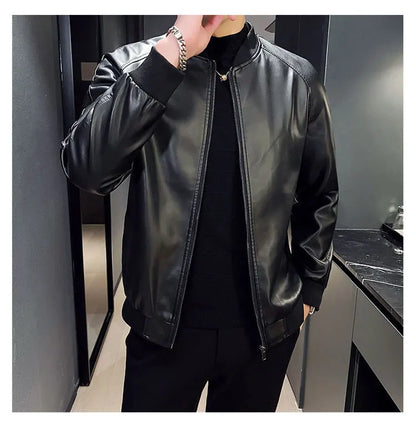 Faux Leather Cardigan Outerwear Men  PU Leather Zipper Jacket Stand Collar Coats Long Sleeve Loose Fit Solid High Street