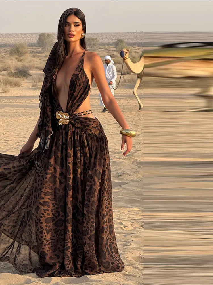 Women's Elegant Leopard Print Halter Maxi Dress