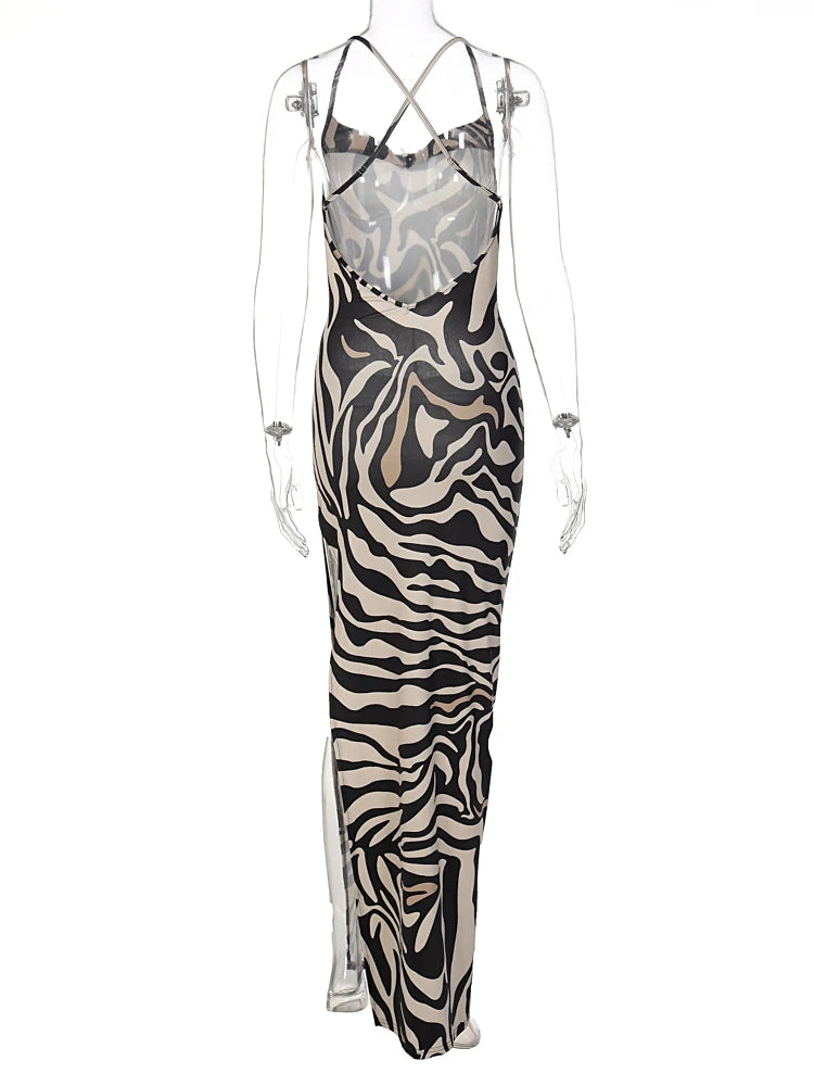 Elegant Zebra Print Split Maxi Dress