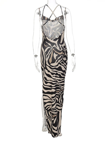 Elegant Zebra Print Split Maxi Dress