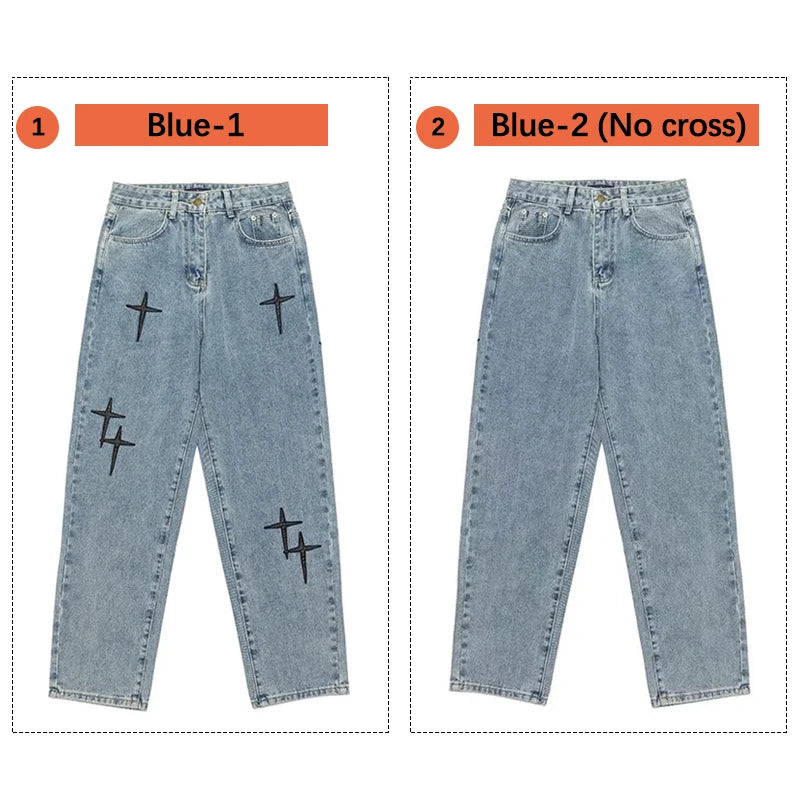 Vintage Cross Print Loose Fit Jeans