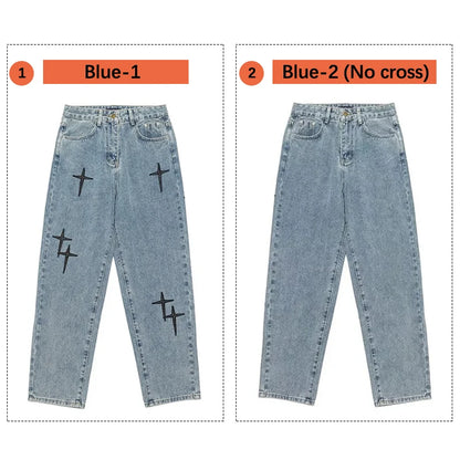 Vintage Cross Print Loose Fit Jeans