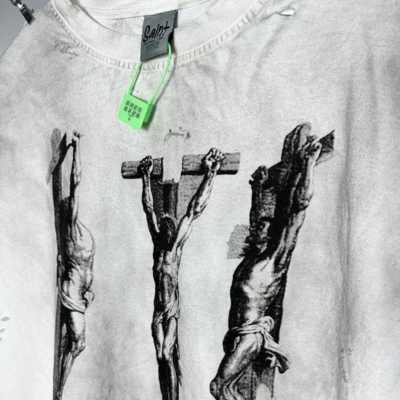 Men Women Vintage Washed Spray Dirty Manually Grind Oversized T Shirt High Quality Cotton Damaged SAINT Sleeveless T-Shirt Top