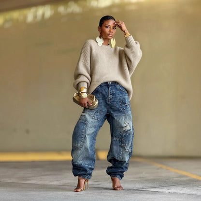 Pants Denim Pant Washed Distressed Hole Women Jeans Vintage Mid Waist splice Straight Trousers Y2k Streetwear Casual 2026 Summer