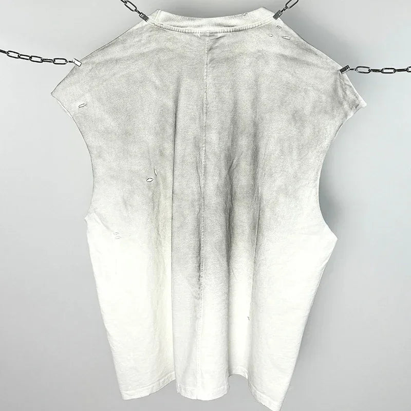 Men Women Vintage Washed Spray Dirty Manually Grind Oversized T Shirt High Quality Cotton Damaged SAINT Sleeveless T-Shirt Top