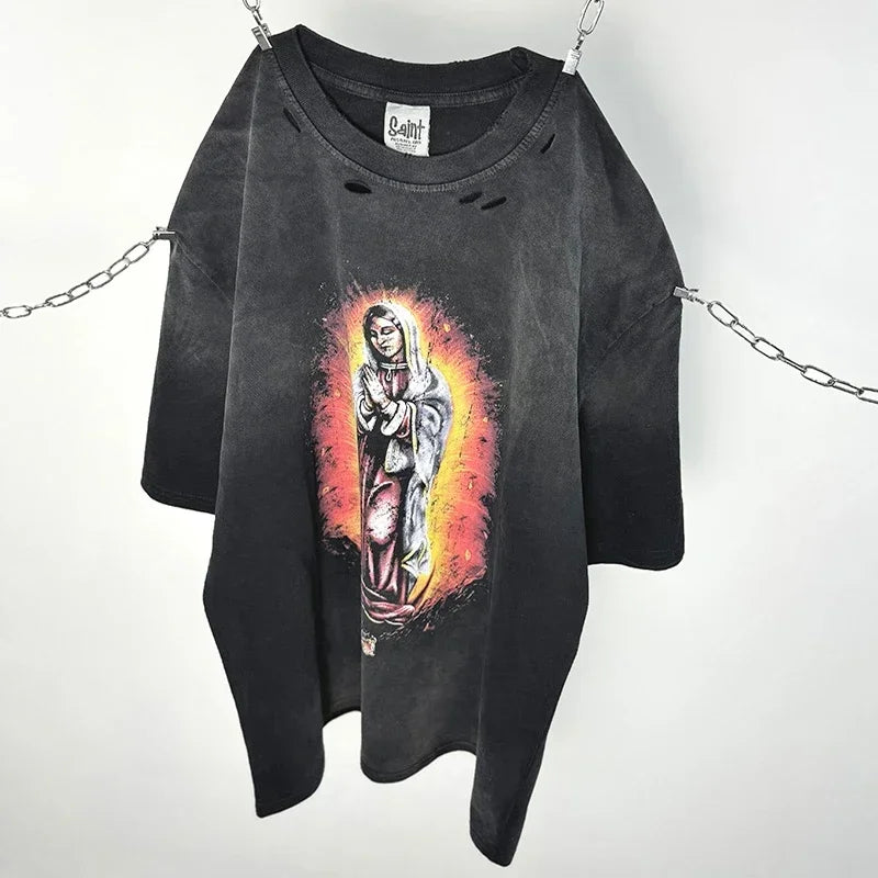 Hip Hop Vintage Washed Black Damaged Hole SAINT HOLY LOVE PRAY Sleeveless T Shirt Top Men Women High Quality Oversized T-Shirt