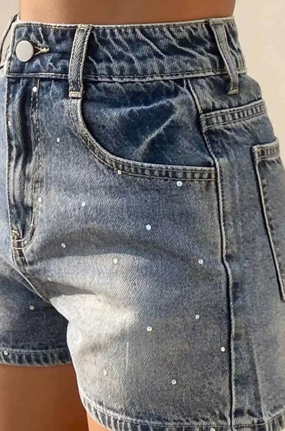 Retro High-Waisted Rhinestone-Detailed Denim Shorts