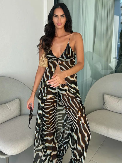 Women's Zebra Print Crop Top & Wide Leg Pants Set