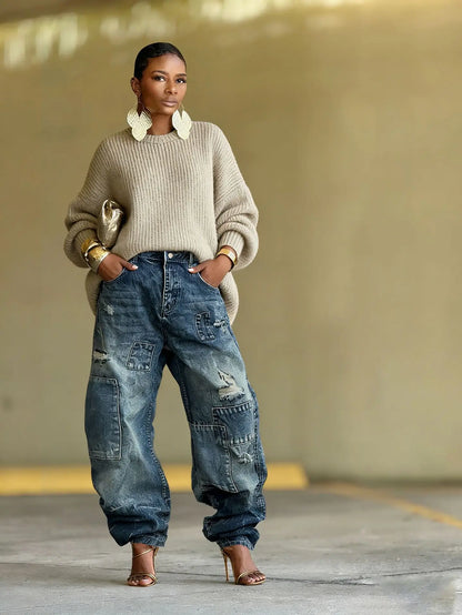 Pants Denim Pant Washed Distressed Hole Women Jeans Vintage Mid Waist splice Straight Trousers Y2k Streetwear Casual 2026 Summer
