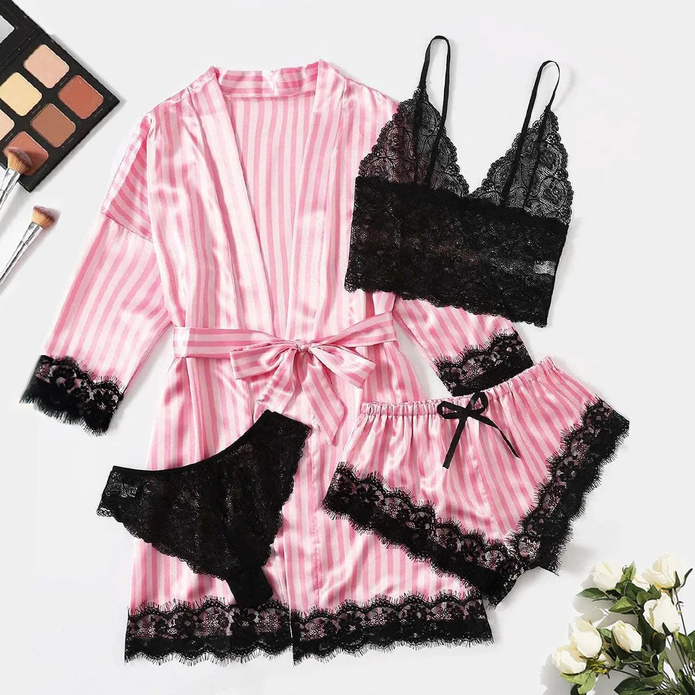 Blush Elegance Satin Lace Pajama Set