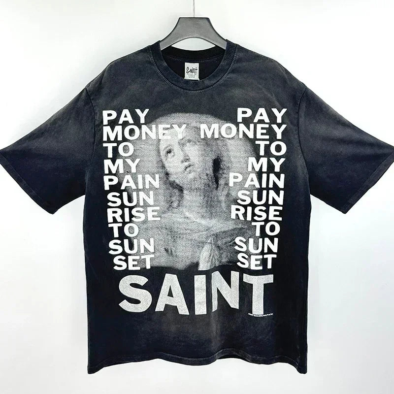 Hip Hop Vintage Washed Black Damaged Hole SAINT HOLY LOVE PRAY Sleeveless T Shirt Top Men Women High Quality Oversized T-Shirt