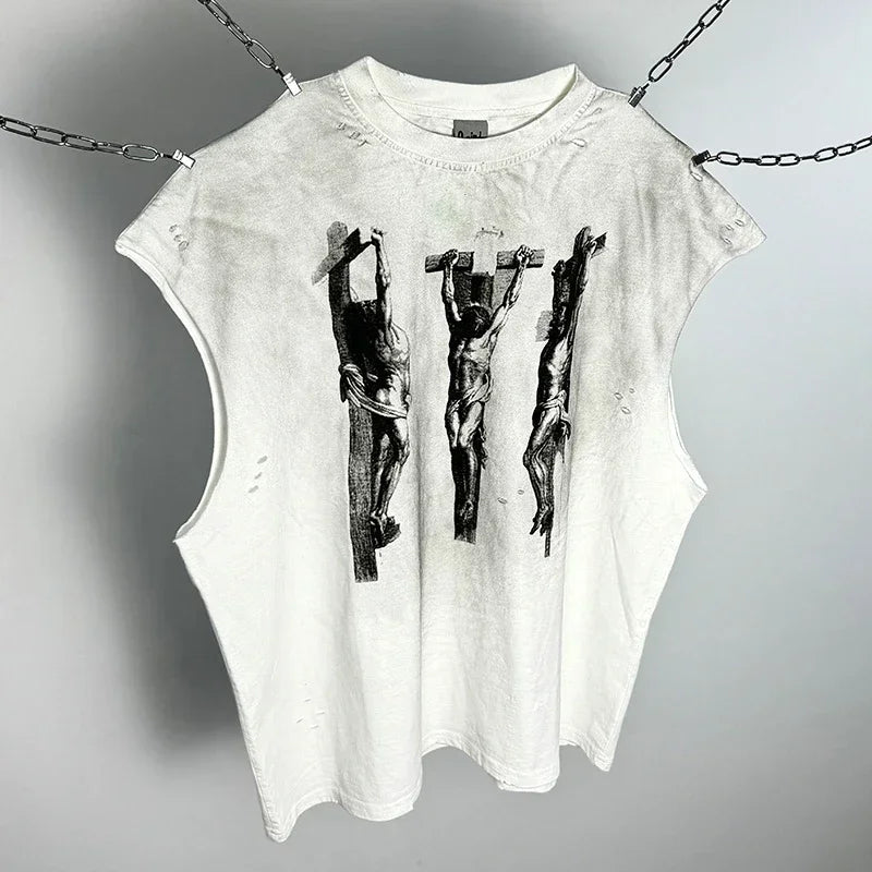 Men Women Vintage Washed Spray Dirty Manually Grind Oversized T Shirt High Quality Cotton Damaged SAINT Sleeveless T-Shirt Top