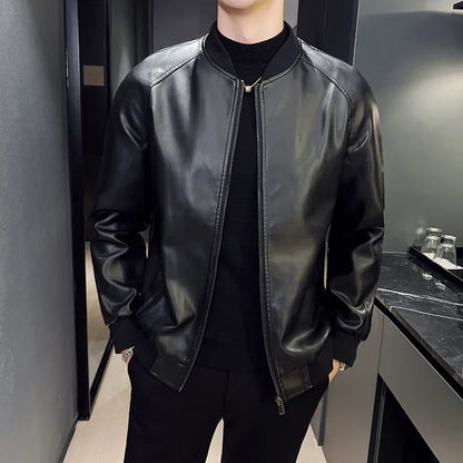 Faux Leather Cardigan Outerwear Men  PU Leather Zipper Jacket Stand Collar Coats Long Sleeve Loose Fit Solid High Street