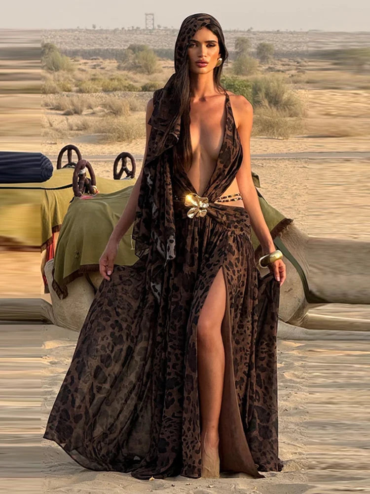 Women's Elegant Leopard Print Halter Maxi Dress