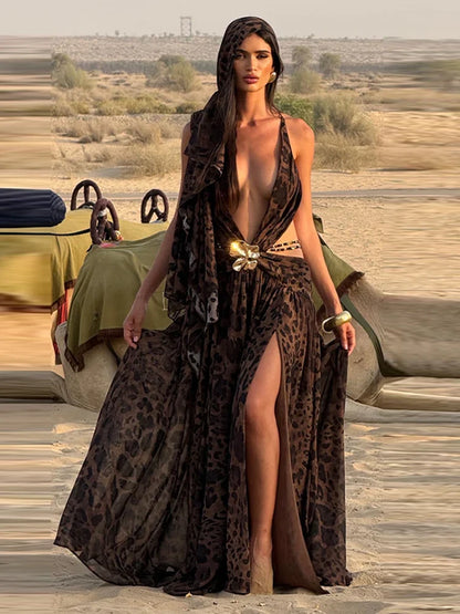Women's Elegant Leopard Print Halter Maxi Dress