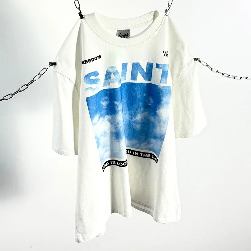 Hip Hop Vintage Washed Black Damaged Hole SAINT HOLY LOVE PRAY Sleeveless T Shirt Top Men Women High Quality Oversized T-Shirt