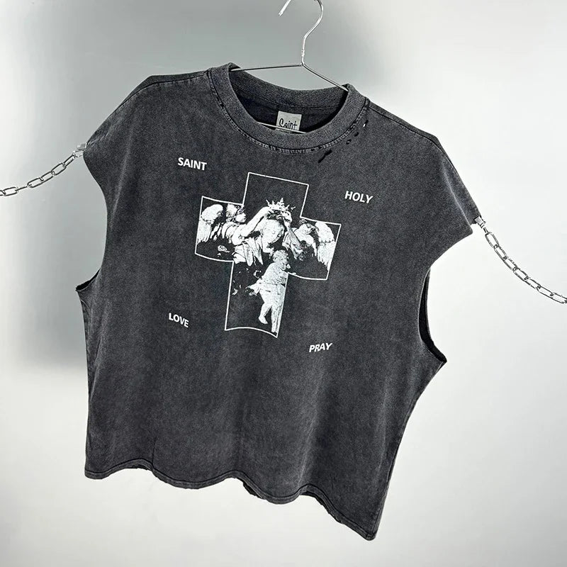 Hip Hop Vintage Washed Black Damaged Hole SAINT HOLY LOVE PRAY Sleeveless T Shirt Top Men Women High Quality Oversized T-Shirt