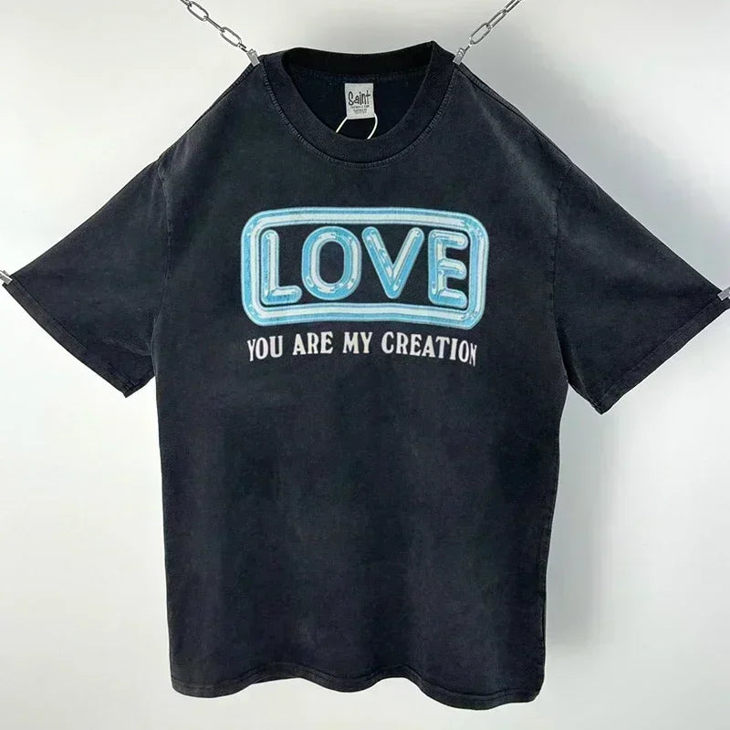 Hip Hop Vintage Washed Black Damaged Hole SAINT HOLY LOVE PRAY Sleeveless T Shirt Top Men Women High Quality Oversized T-Shirt