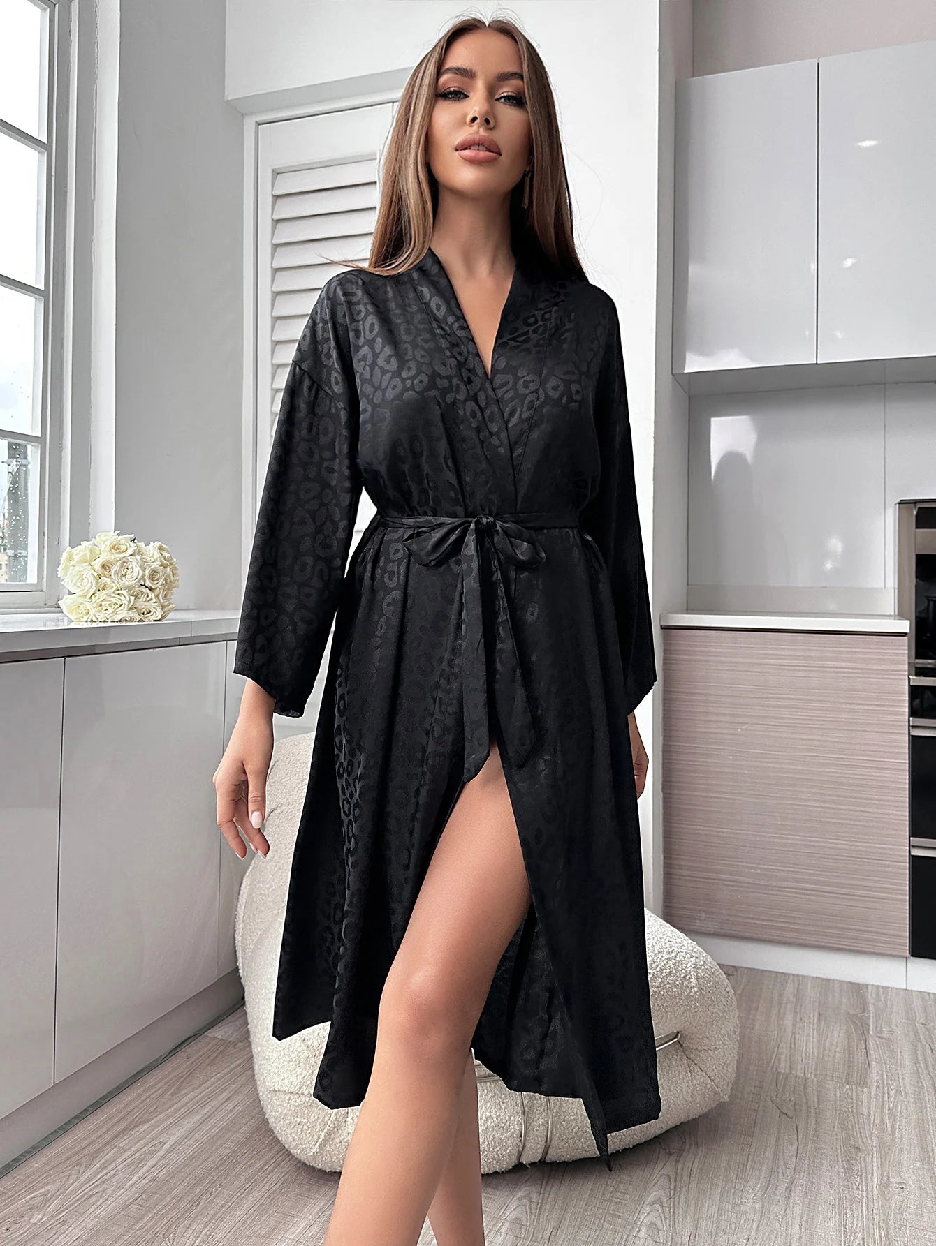 Luxury Black Satin Lounge Robe