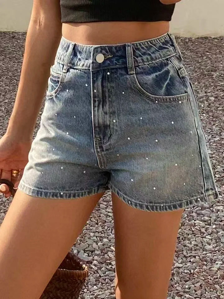 Retro High-Waisted Rhinestone-Detailed Denim Shorts