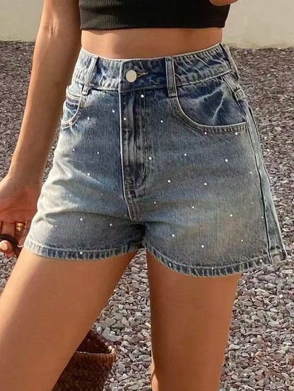 Retro High-Waisted Rhinestone-Detailed Denim Shorts