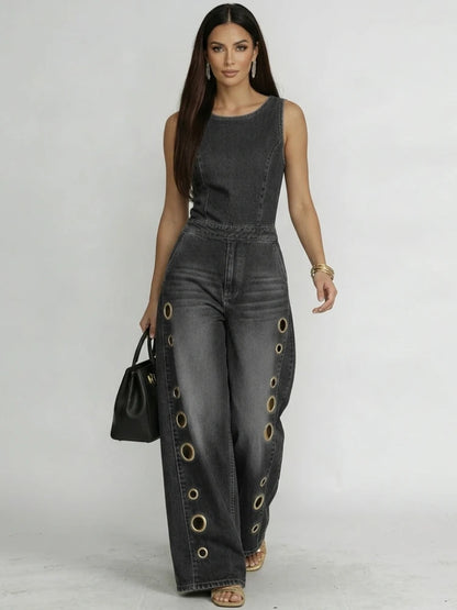 Black Denim Wide-Leg Jumpsuit