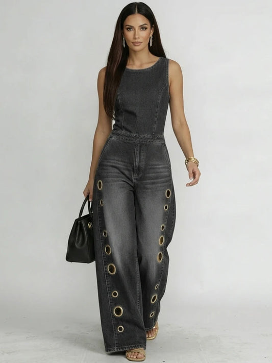 Black Denim Wide-Leg Jumpsuit
