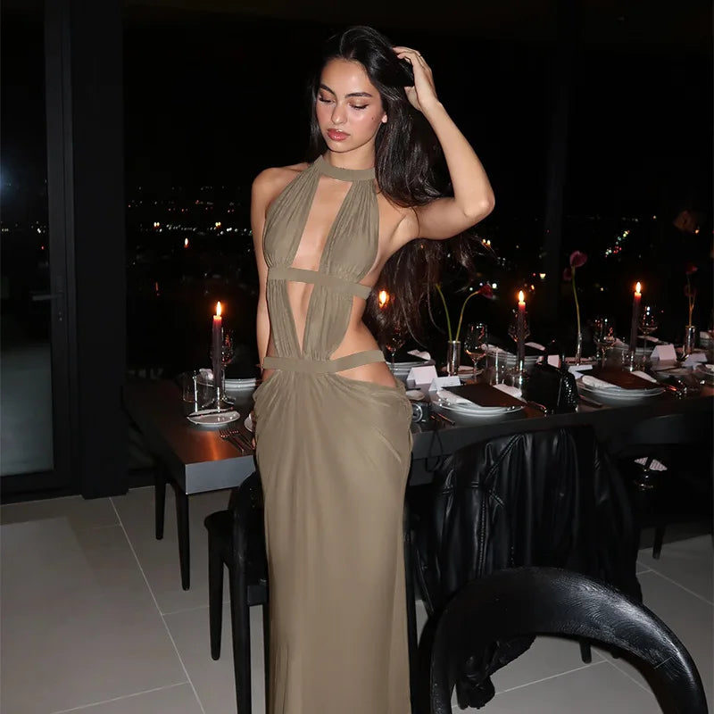 Women's Backless Halter Maxi Dress