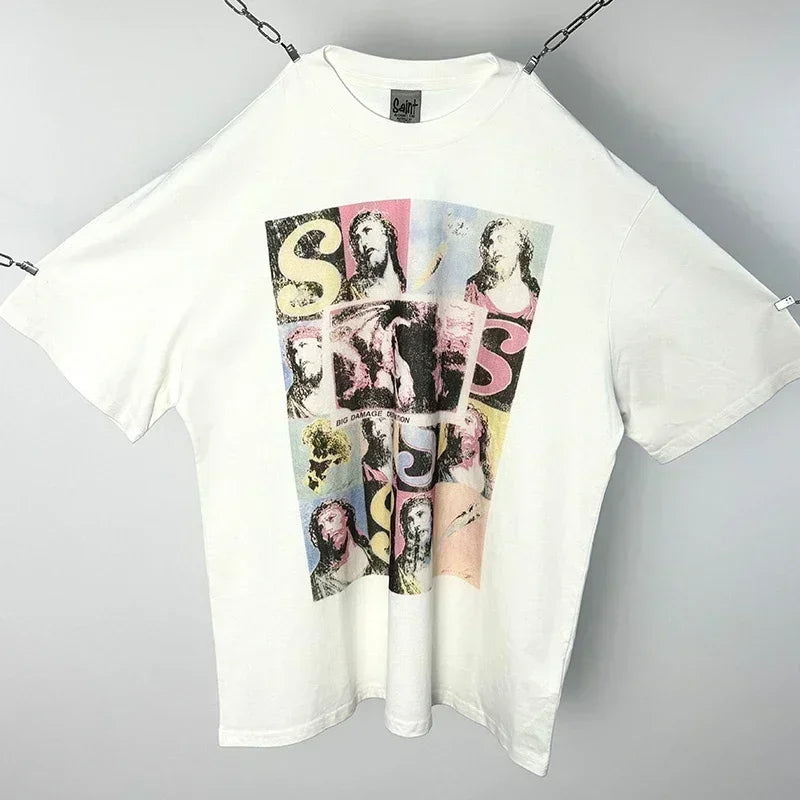 Hip Hop Vintage Washed Black Damaged Hole SAINT HOLY LOVE PRAY Sleeveless T Shirt Top Men Women High Quality Oversized T-Shirt