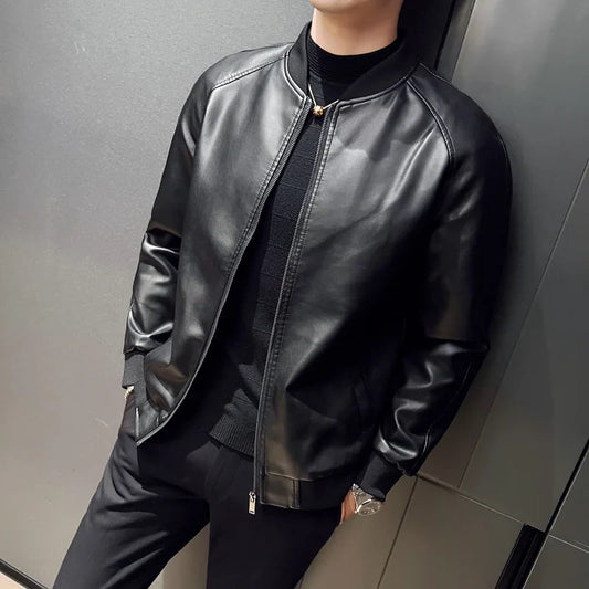 Faux Leather Cardigan Outerwear Men  PU Leather Zipper Jacket Stand Collar Coats Long Sleeve Loose Fit Solid High Street