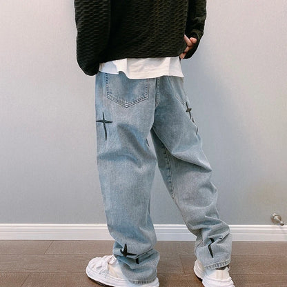Vintage Cross Print Loose Fit Jeans