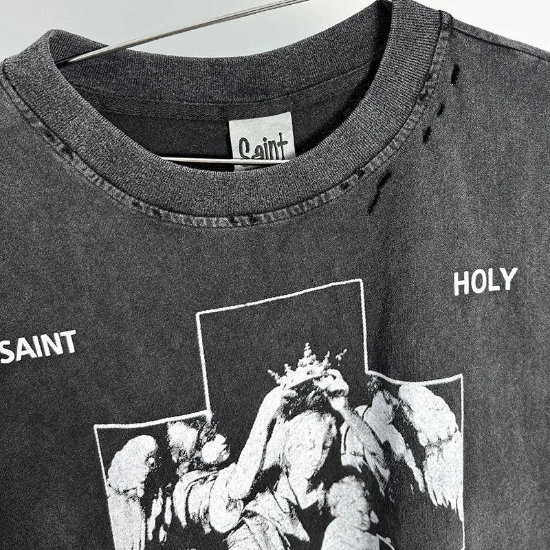 Hip Hop Vintage Washed Black Damaged Hole SAINT HOLY LOVE PRAY Sleeveless T Shirt Top Men Women High Quality Oversized T-Shirt