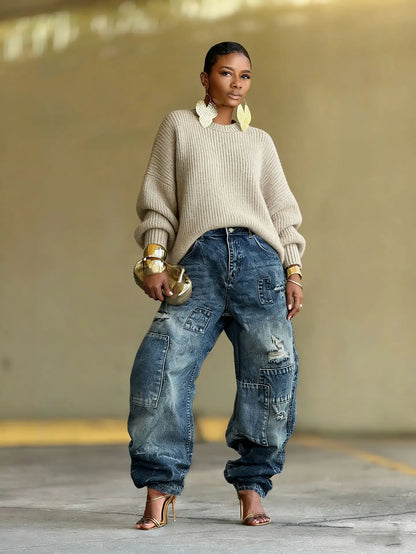 Pants Denim Pant Washed Distressed Hole Women Jeans Vintage Mid Waist splice Straight Trousers Y2k Streetwear Casual 2026 Summer