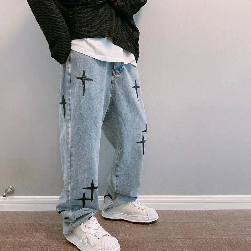Vintage Cross Print Loose Fit Jeans