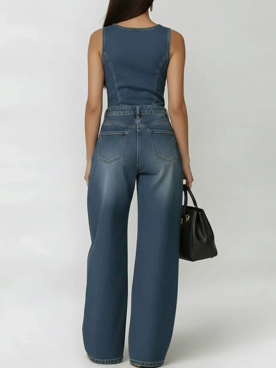 Black Denim Wide-Leg Jumpsuit