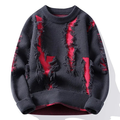 Crimson Slash Distressed Sweater