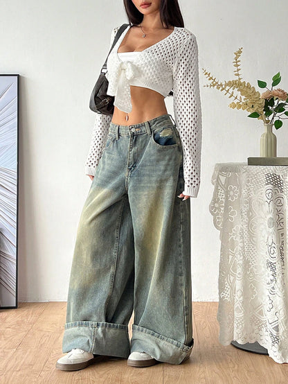 White Lace Knit Crop Sweater