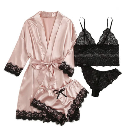 Blush Elegance Satin Lace Pajama Set