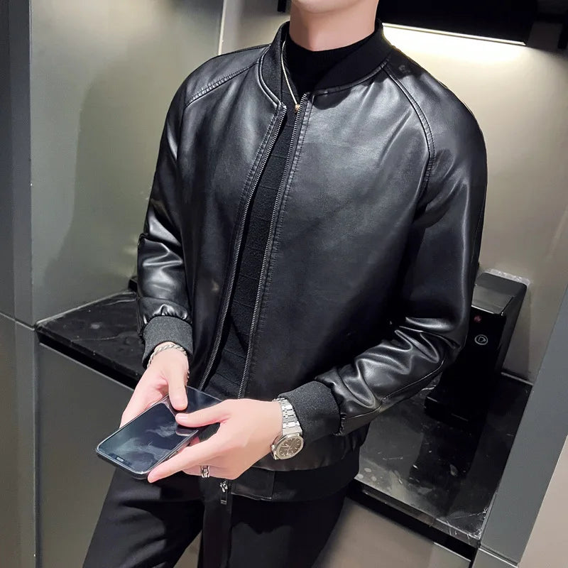 Faux Leather Cardigan Outerwear Men  PU Leather Zipper Jacket Stand Collar Coats Long Sleeve Loose Fit Solid High Street